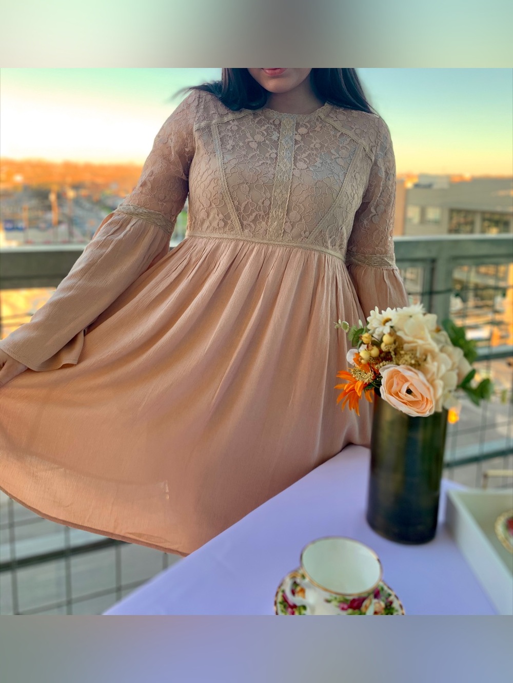 Boho Lace Babydoll Long Sleeve Mini Dress in Blush